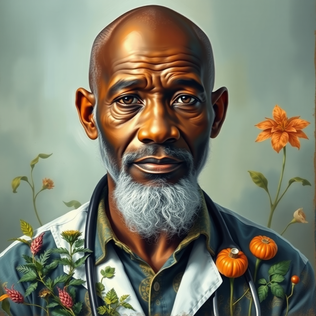 African Doctor Surrounded by Herbs and Paints