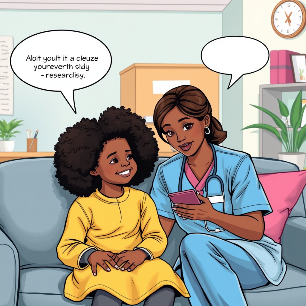 African Mom, Child, Nurse Discussing Study on Sofa