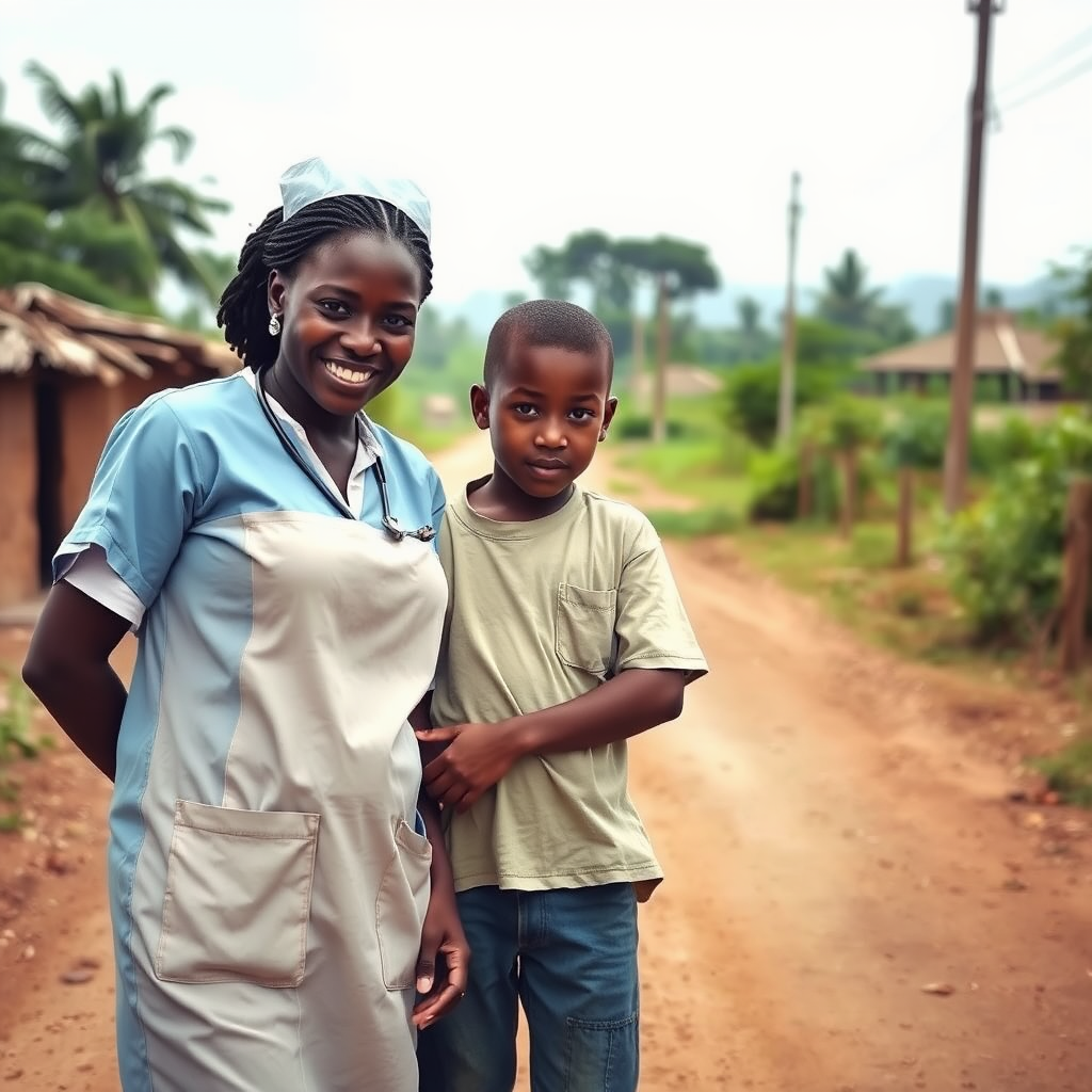 African Nurse, Son, and Husband on Village Road