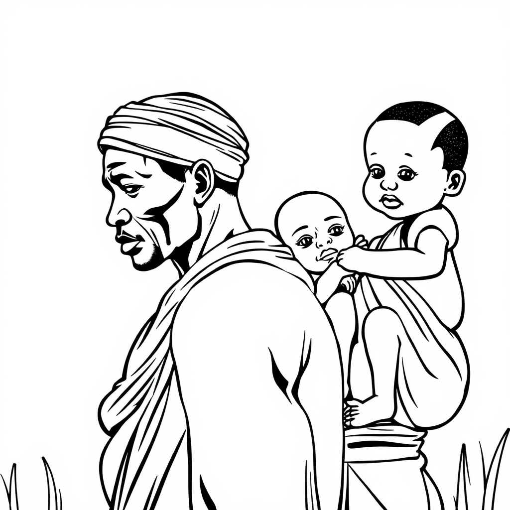 African Parents With Baby: Monoline Outline Drawing