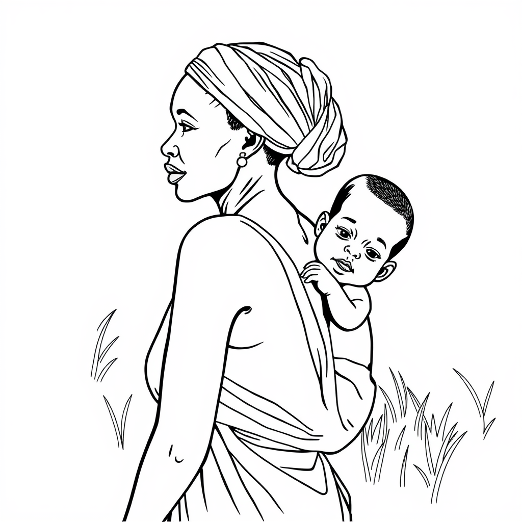 African Village Mother and Baby Outline Drawing