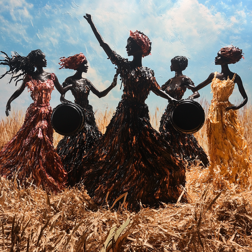 African Women Playing Drum Near Vitamin Jar.