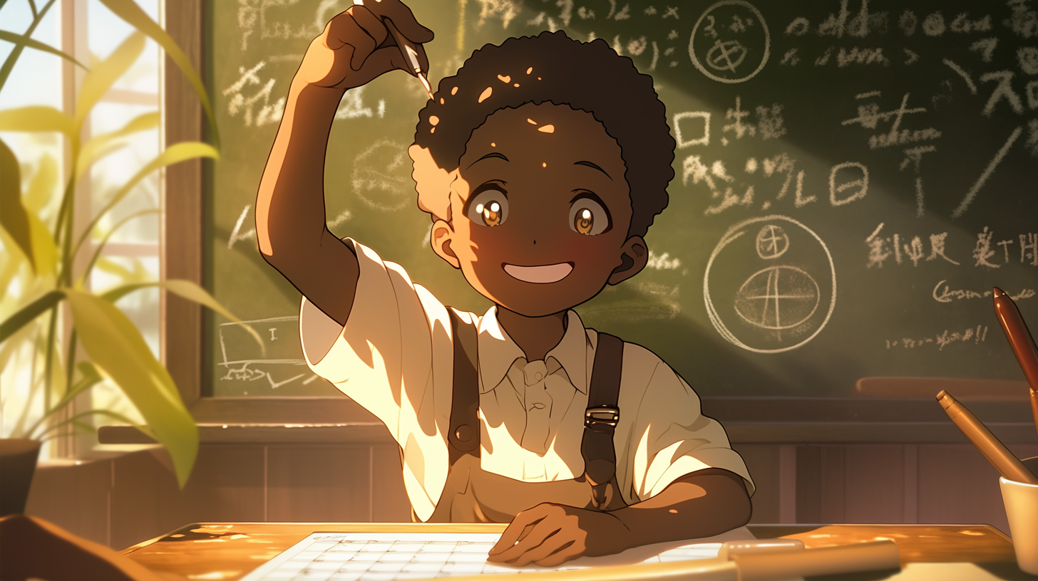 African boy happily doing math on chalkboard.