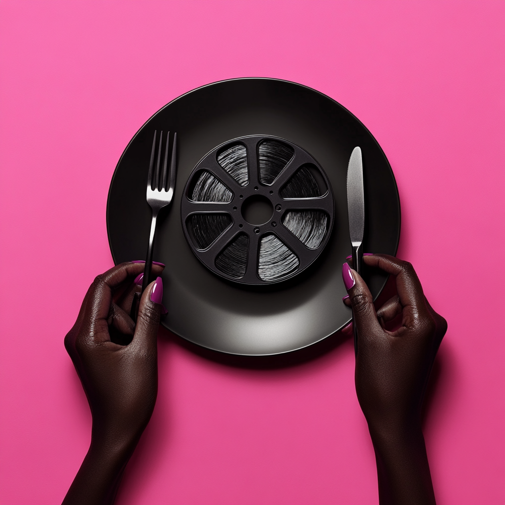 African hands with cutlery on film reel plate