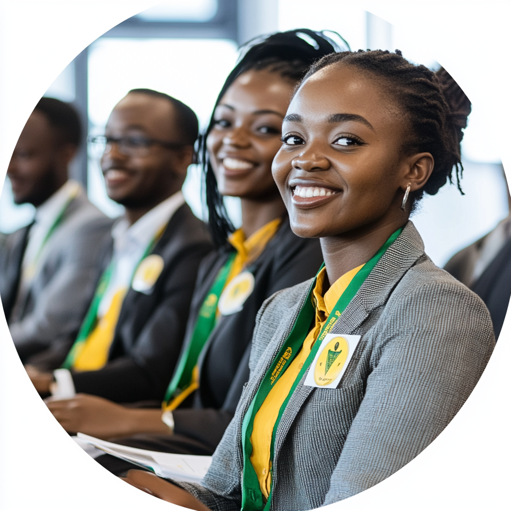 African professionals wear grey, green, yellow, smile, pitch.