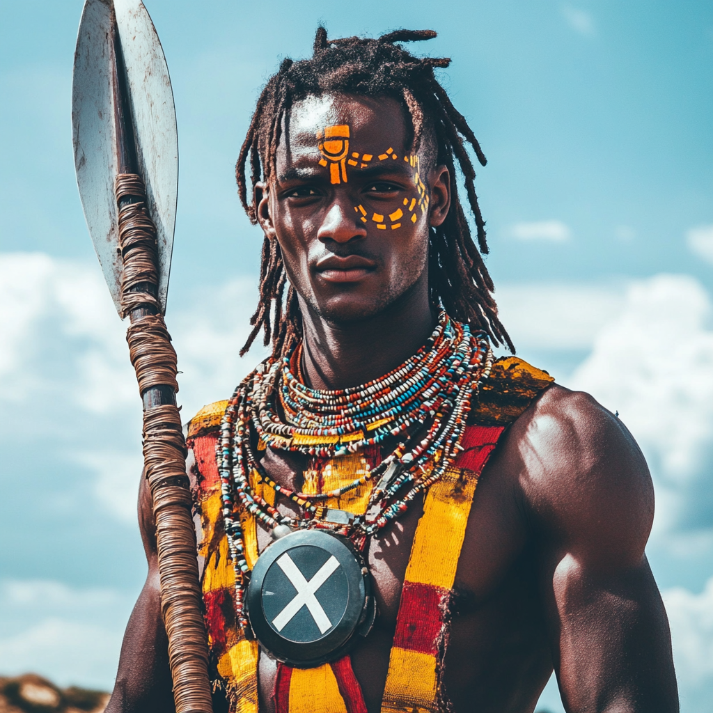 African superhero with Maasai tribe attire and spear