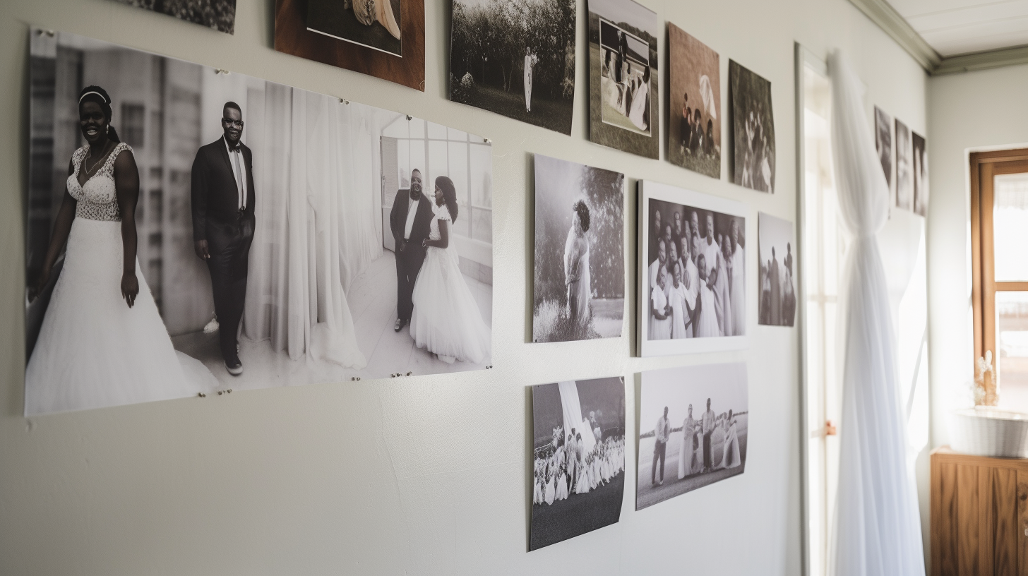 African wedding photos on bedroom wall in South Africa.