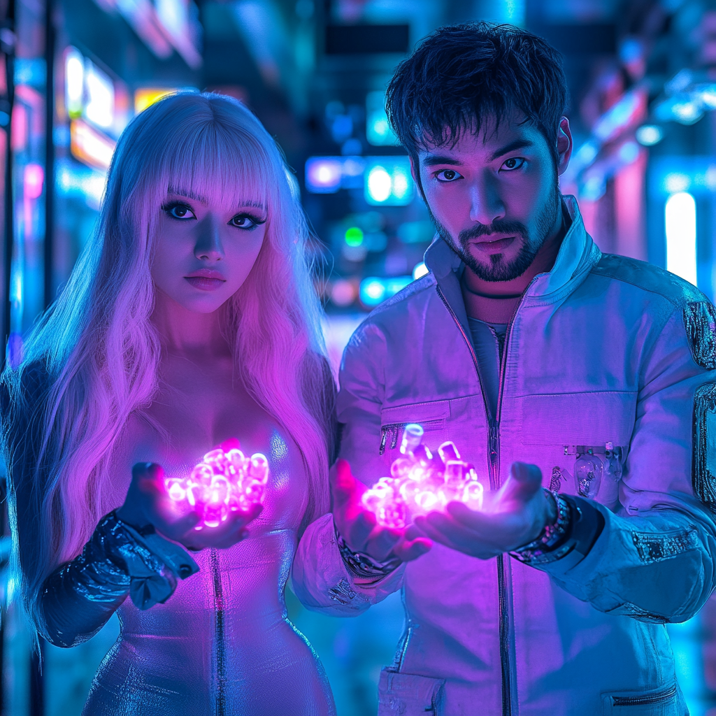 Agents with magical pills in neon sci-fi setting