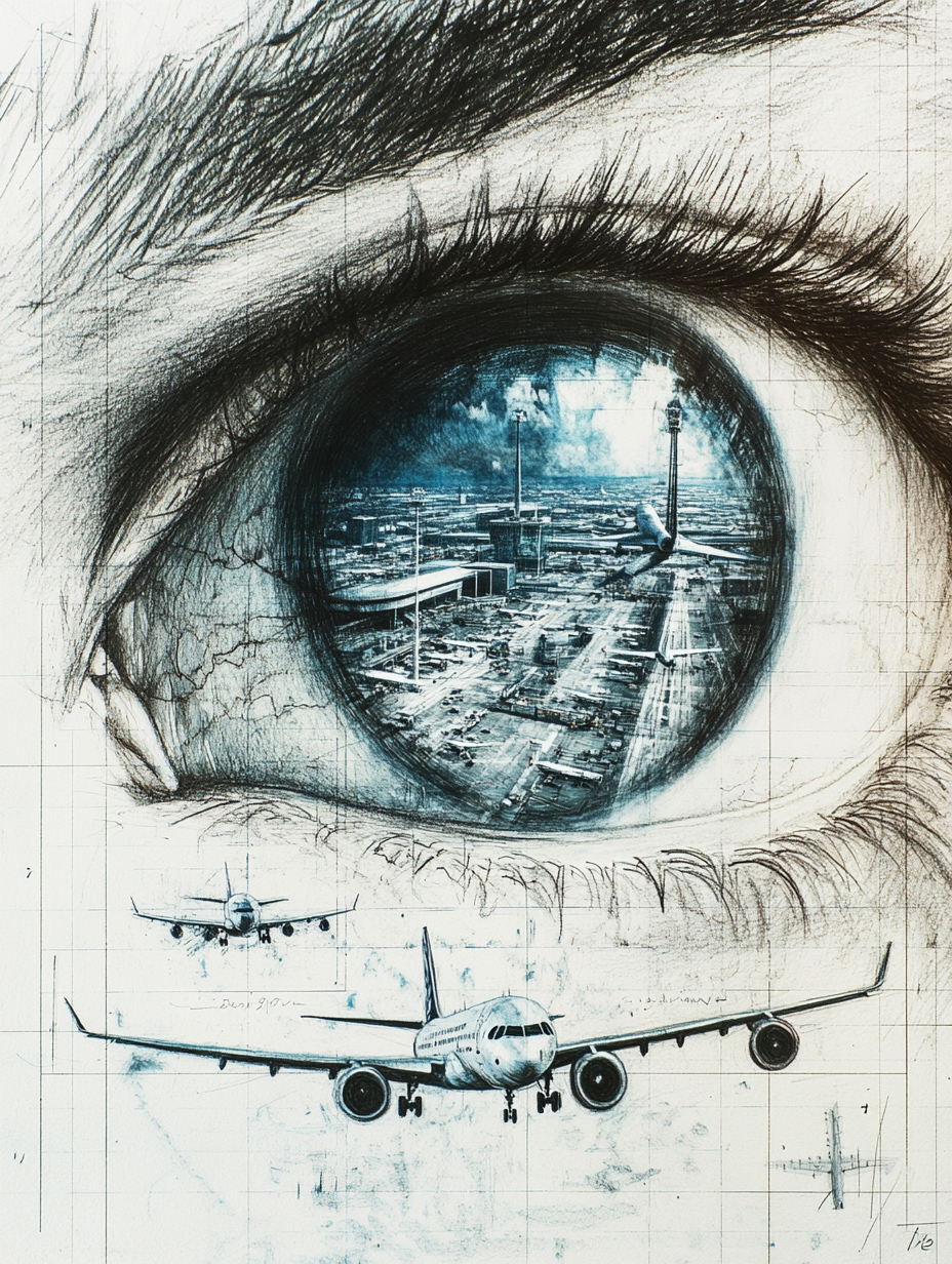 Airport view through man's eye sketch cover