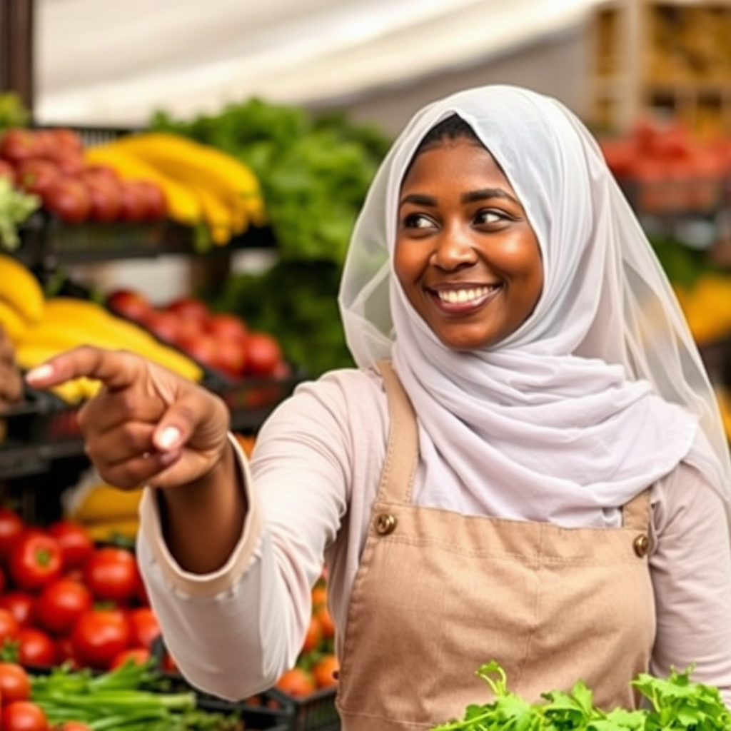 Aisha Bello, Smiling and Pointing at Fresh Produce