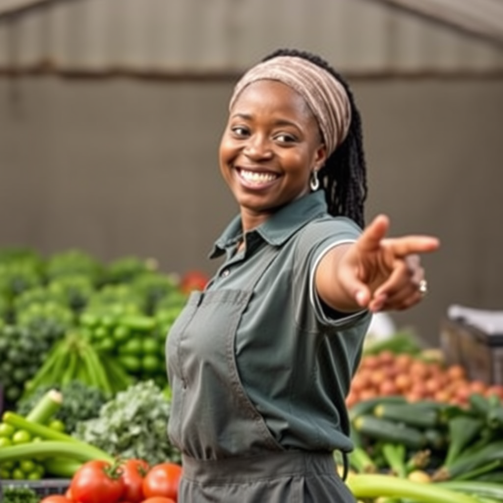 Aisha Bello, Smiling and Pointing at Produce