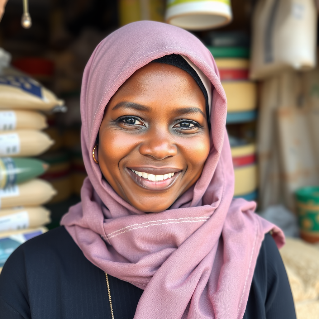 Aisha Bello Smiling Proudly at Her Shop