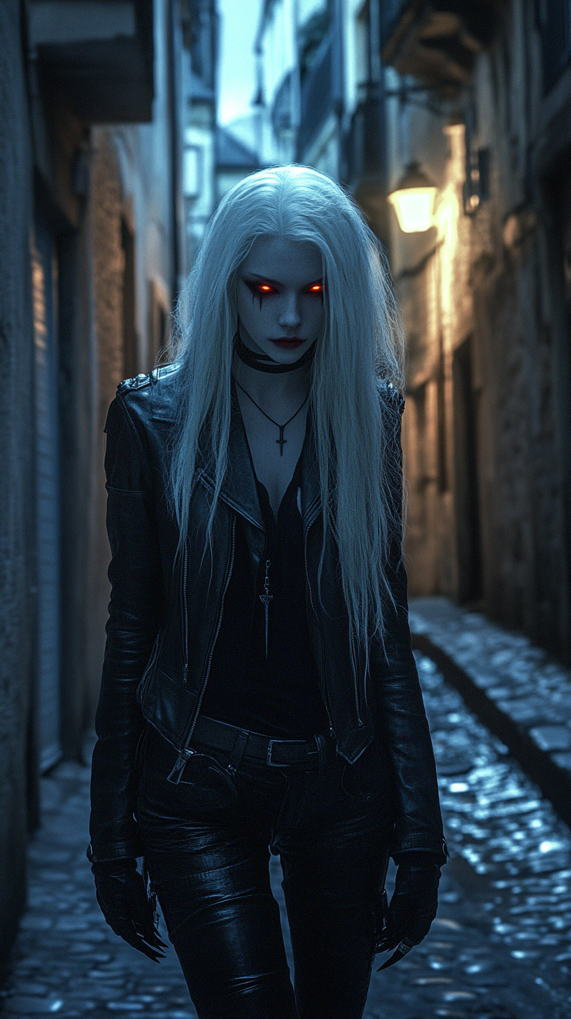 Albino Woman in Gothic Attire in French Alley