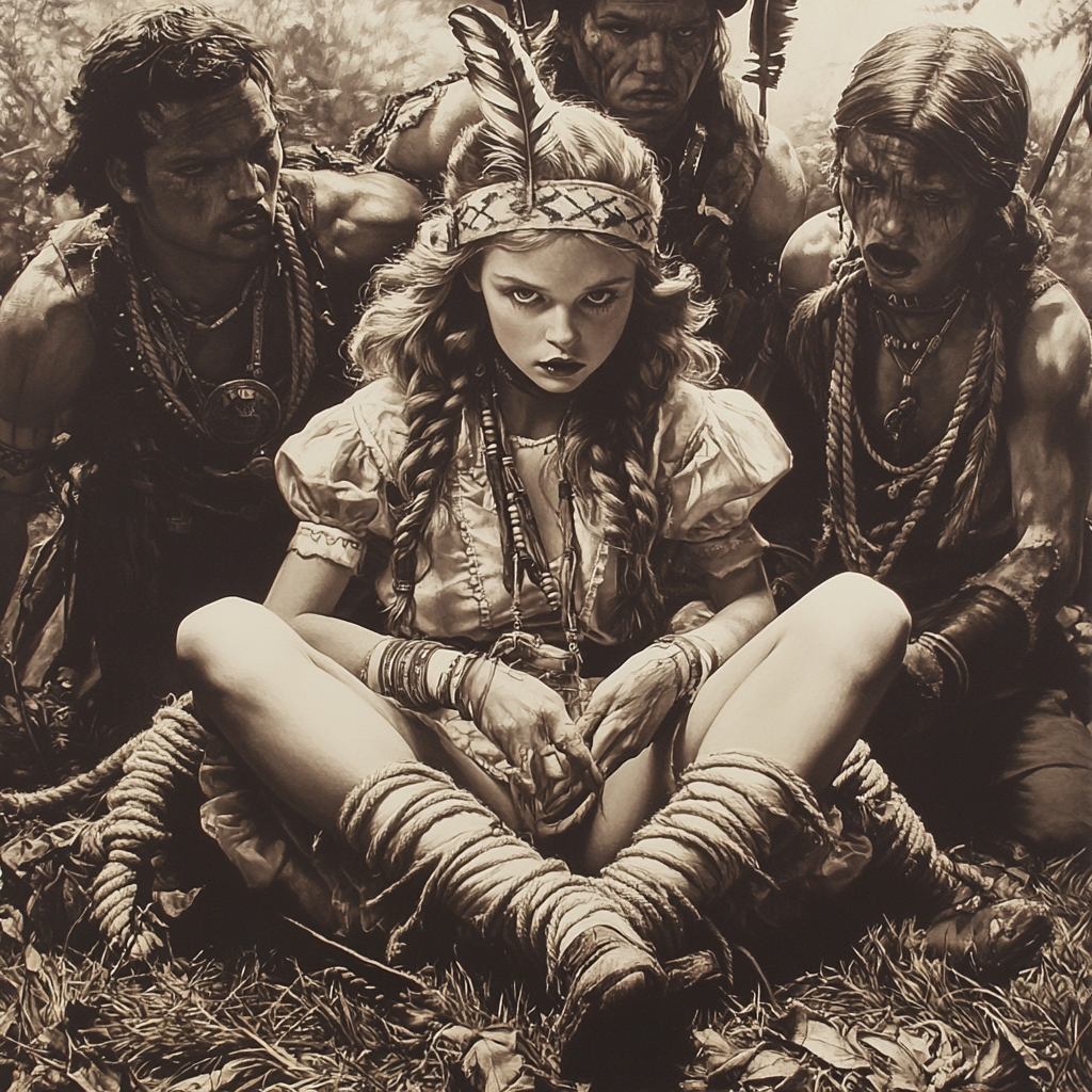 Alice tied up by Indians with menacing looks.