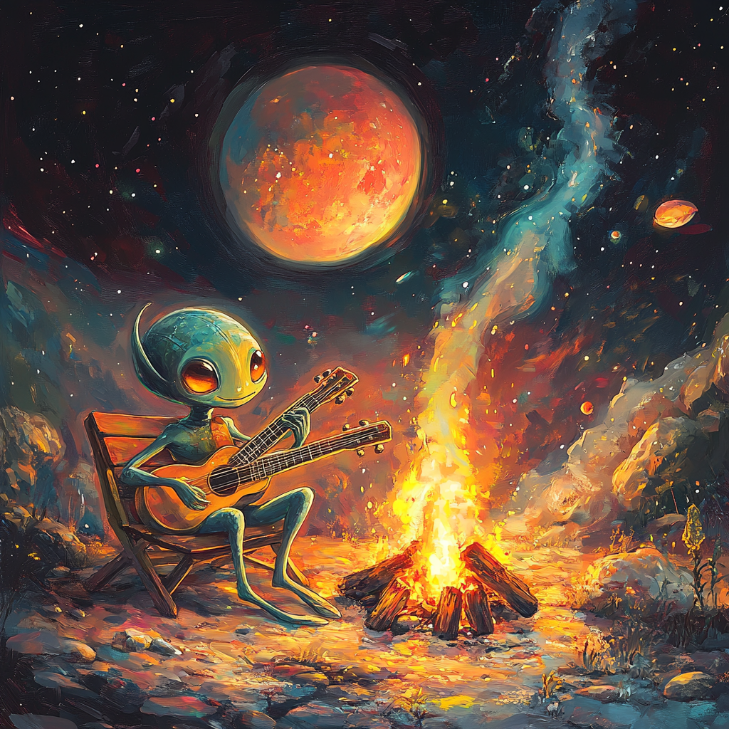 Alien Serenades the Peach Planet with Guitar