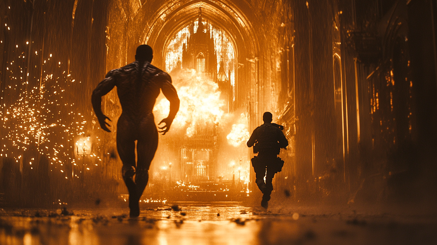 Alien and soldier run in exploding church at night.