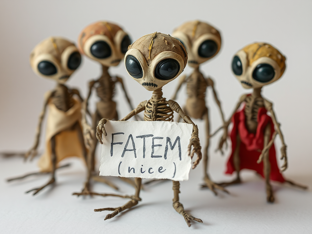 Alien creatures made of paper and twigs with message.