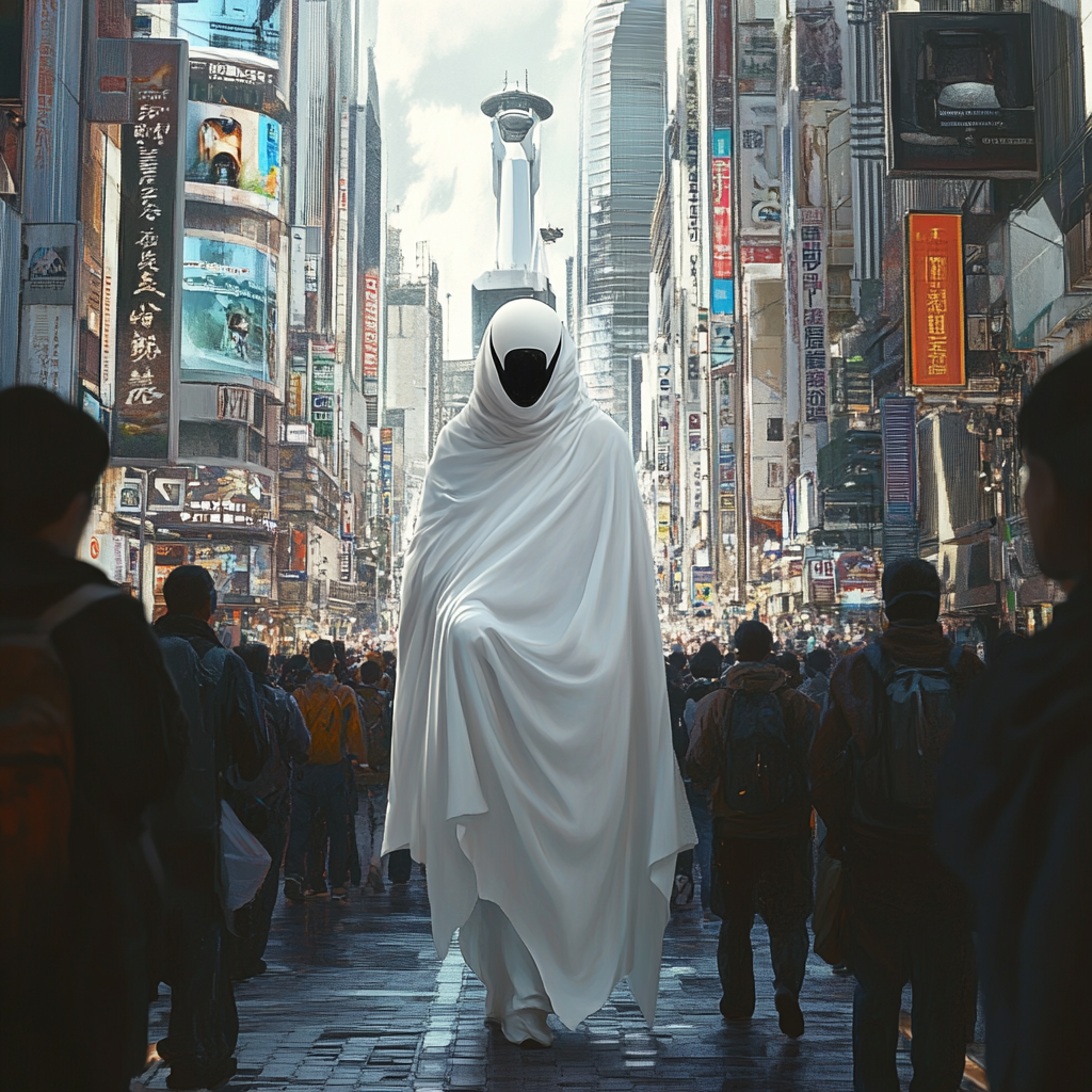 Alien in white robes greets humans in city