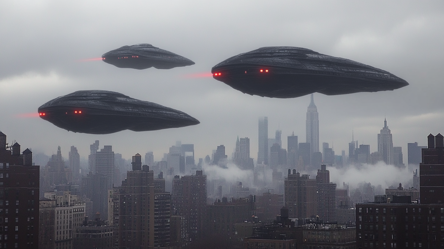 Alien spaceships with red lights over New York.