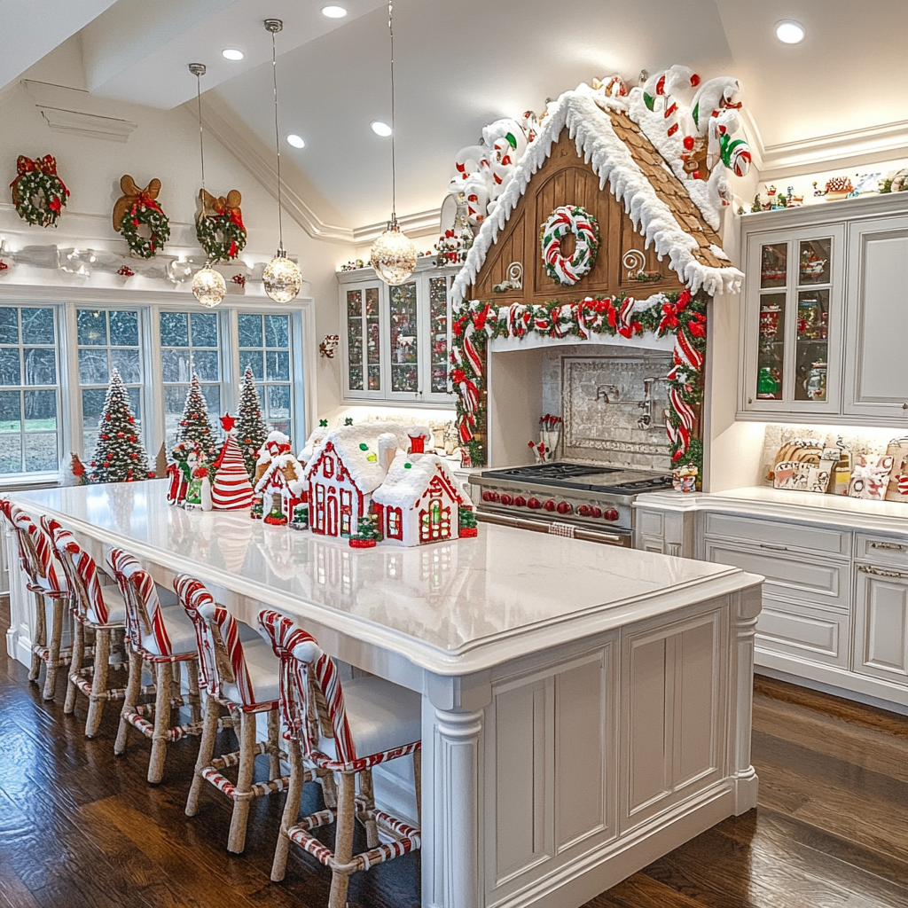 Amazing gingerbread Christmas decorations in modern kitchen.