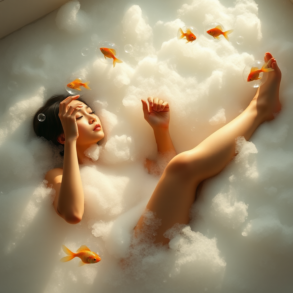 Amazing woman in bubble bath with goldfish bubbles.