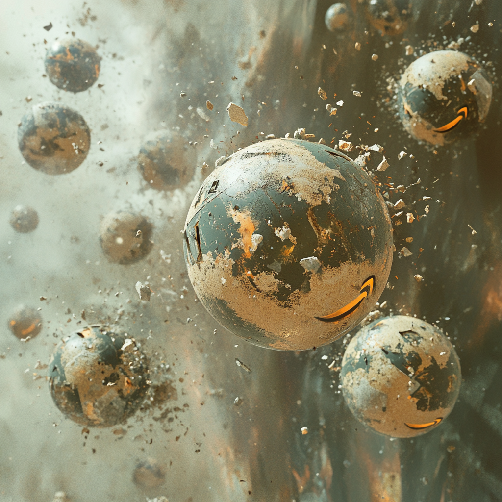 Amazon logo globes explode in chaotic space scene.