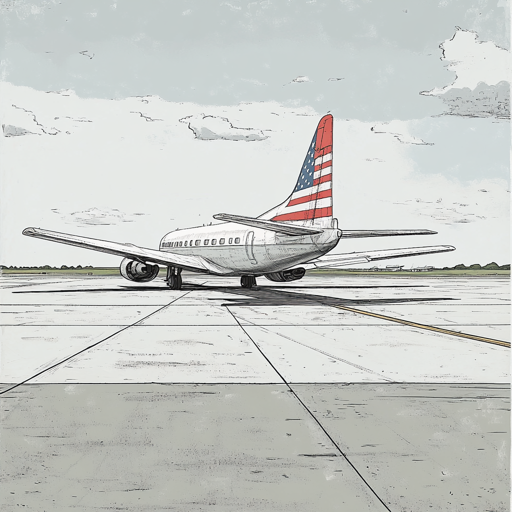 American Aircraft on Tarmac under Cloudy Sky