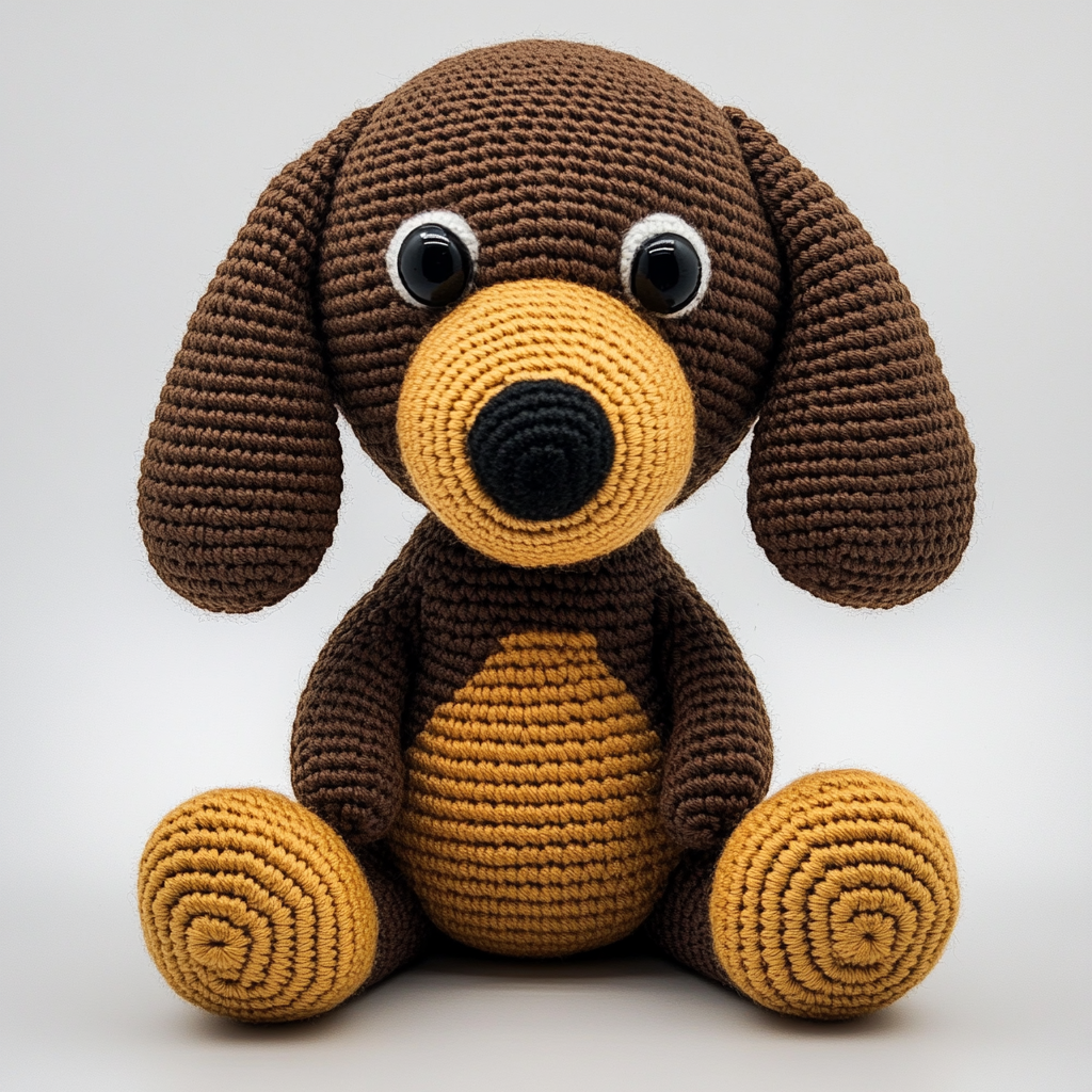 Amigurumi Dachshund named Pipoca, fluffy body, floppy ears.