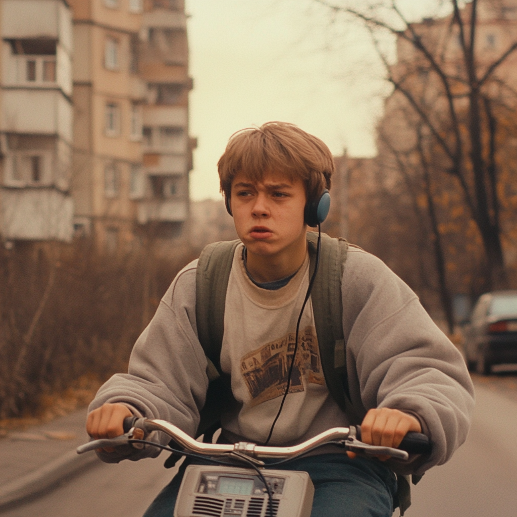 An 18-year-old boy riding a bike and crying