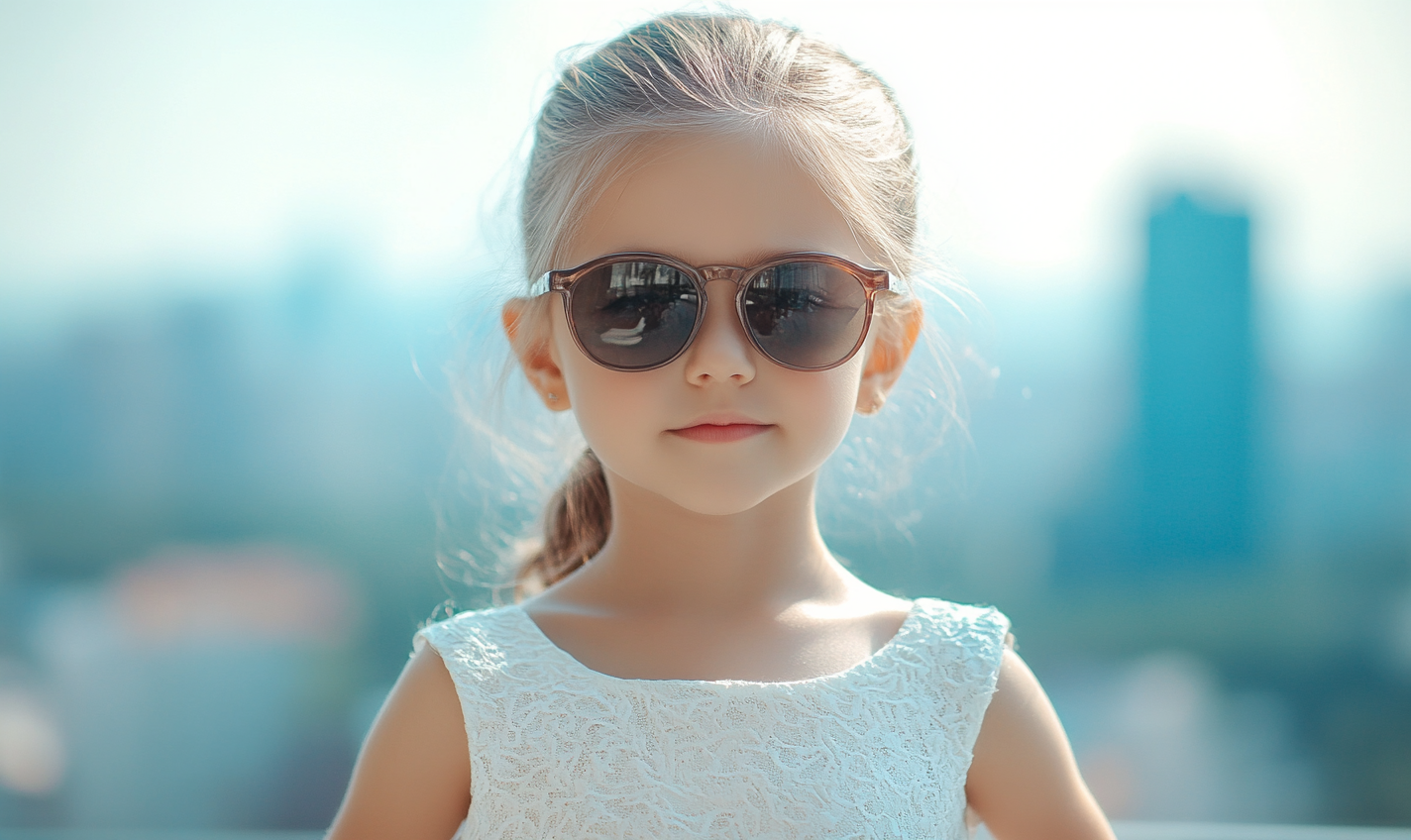 An 8-year-old girl in white dress and sunglasses, with blurred city background, in hyper-realistic photo with natural light.