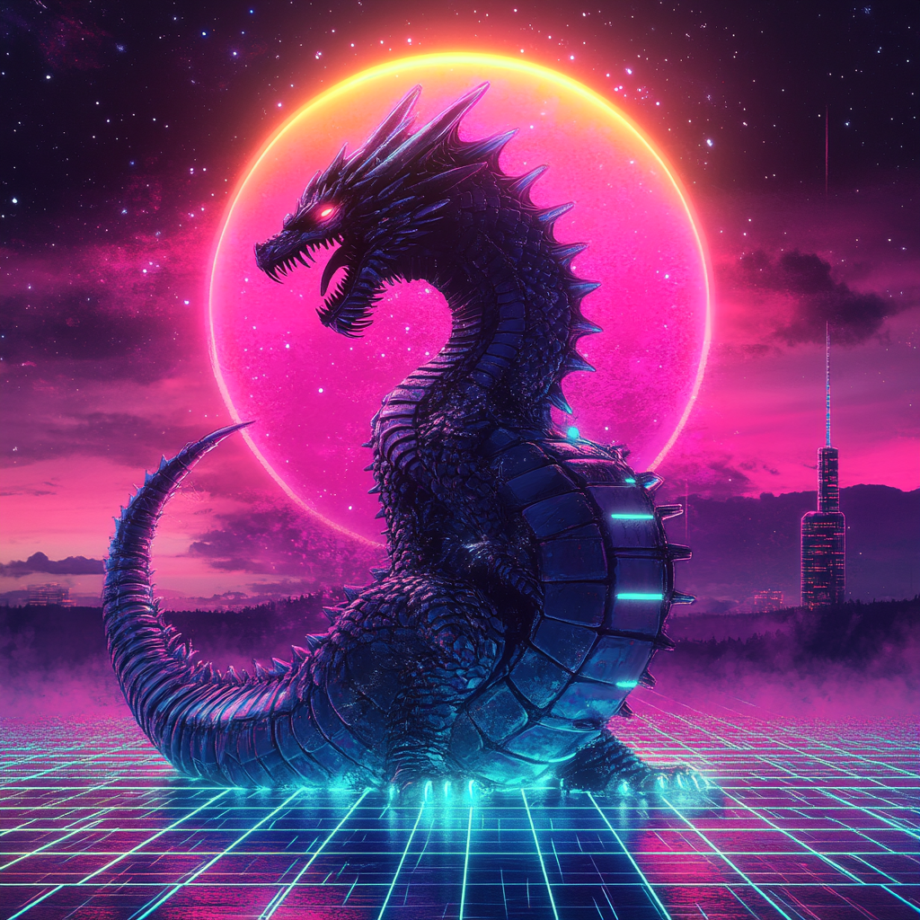 An 80s style dragon in neon colors