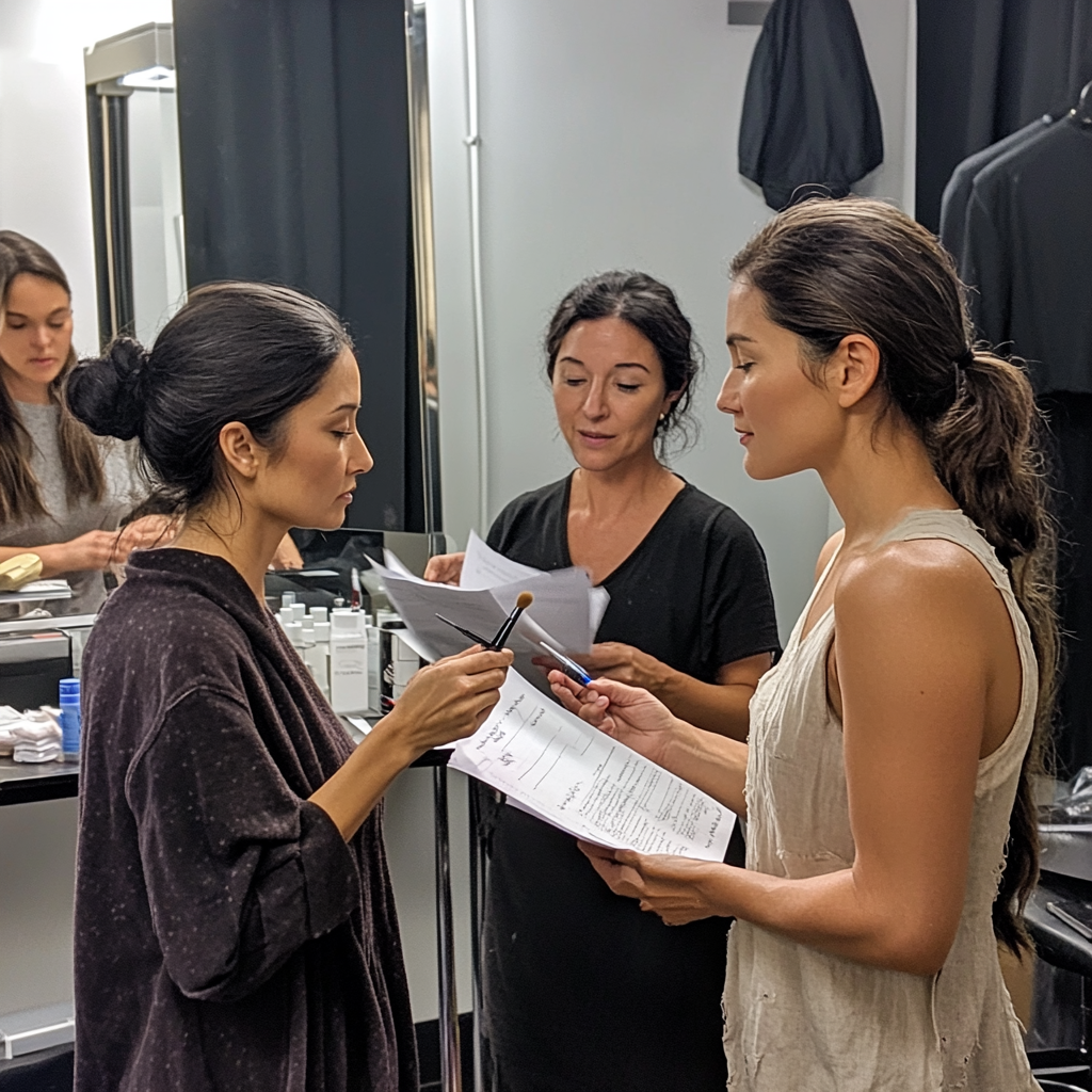 An Actress Getting Makeup Done by Staff, Neutral Expression