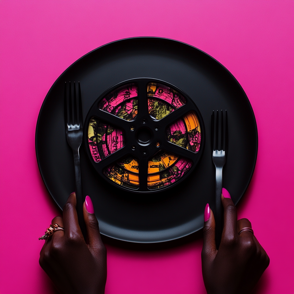 An African Woman with Movie Reel Plate, Fork & Knife