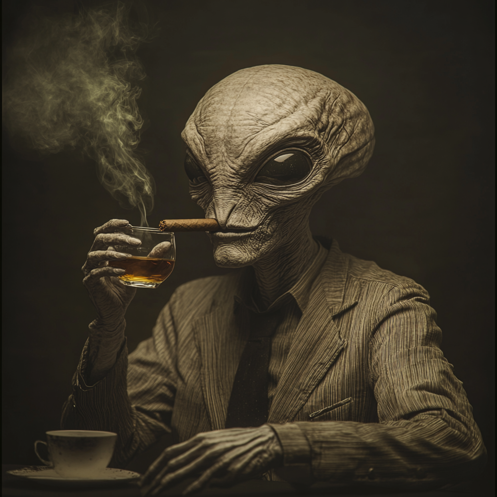 An Alien smoking, drinking whiskey in space