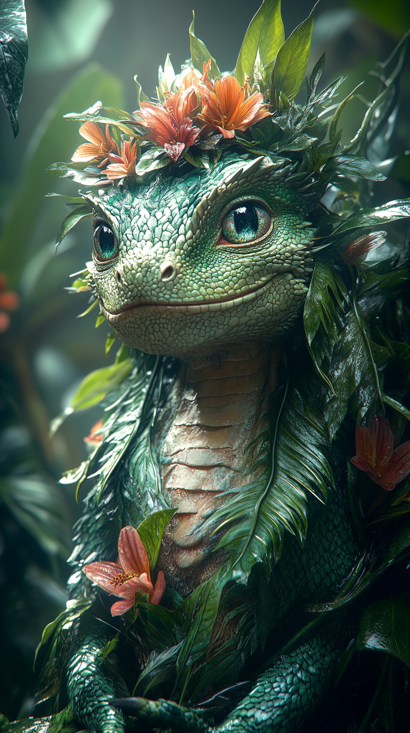 An Amazonian dragon blending with lush jungle wildlife.