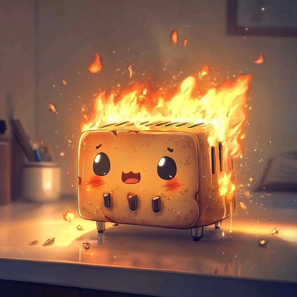 An Anime Toaster in Cute Distress from Fire