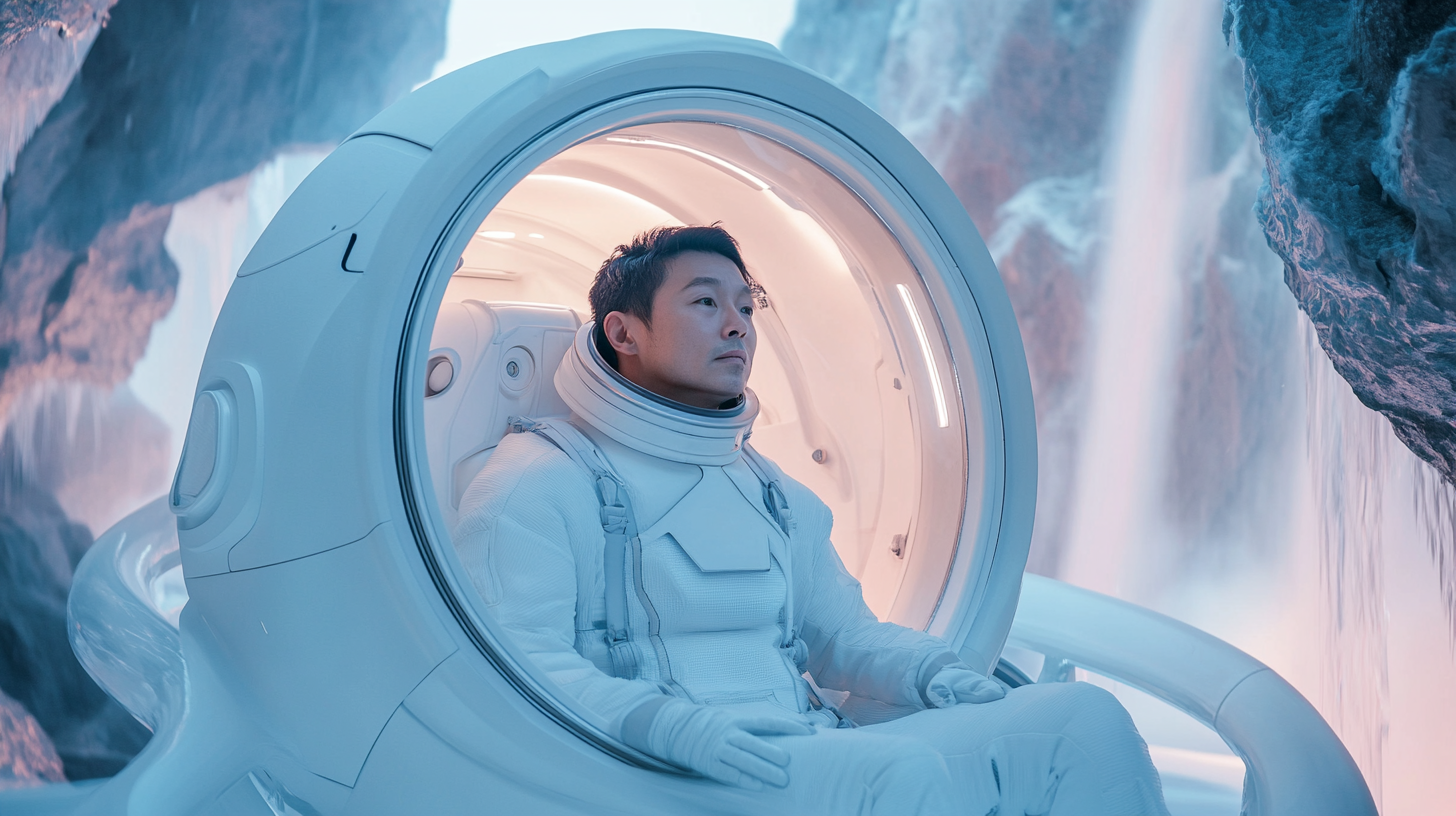 An Asian man in a white space suit viewing waterfalls in a starship.