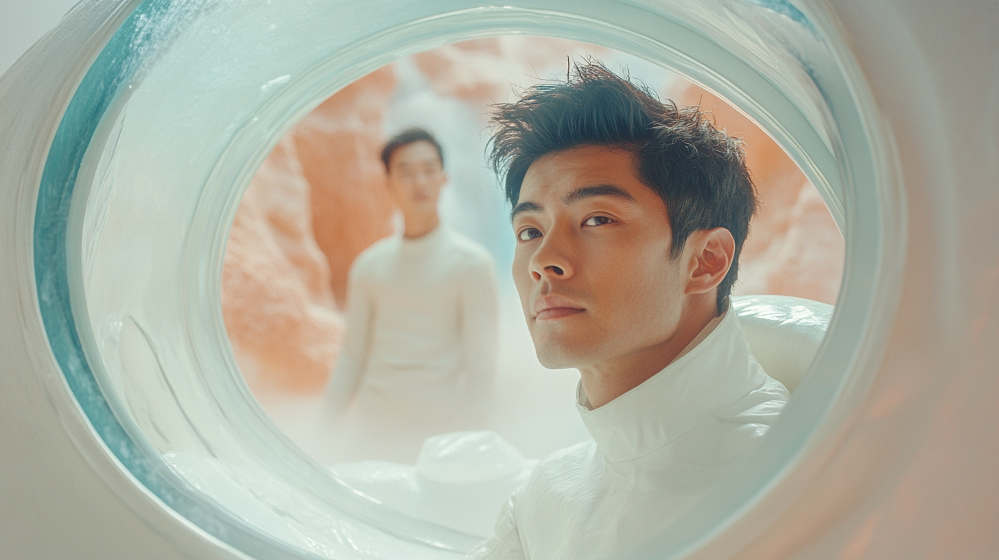 An Asian man in futuristic spaceship looking outside.