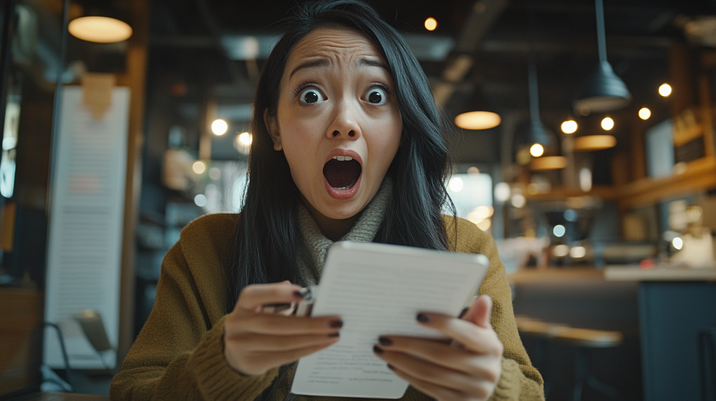 An Asian woman excitedly managing finances at cafe