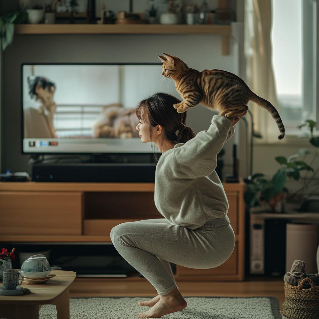 An Asian woman watching TV with cat on head