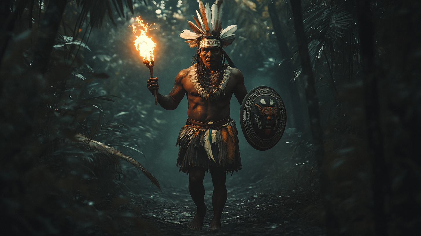 An Aztec leader nervously approaches forest cave entrance.