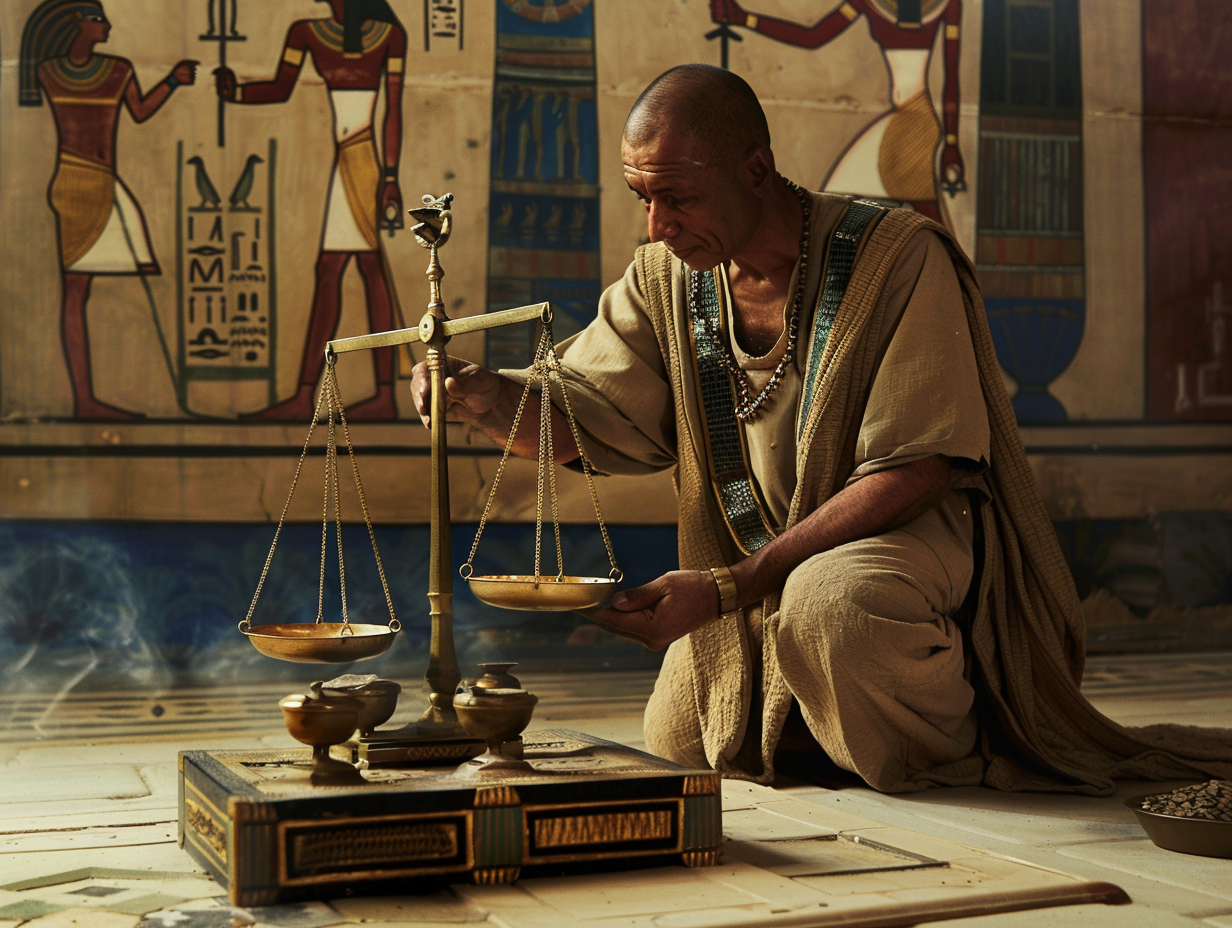 An Egyptian priest adjusts ancient gold scales.