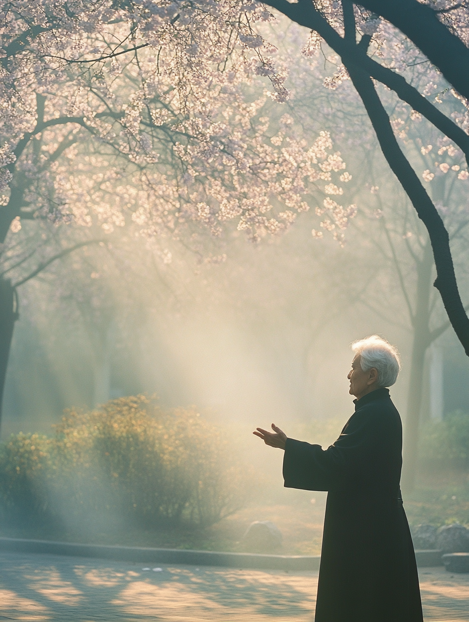 An Elderly Woman Practicing Tai Chi at Dawn