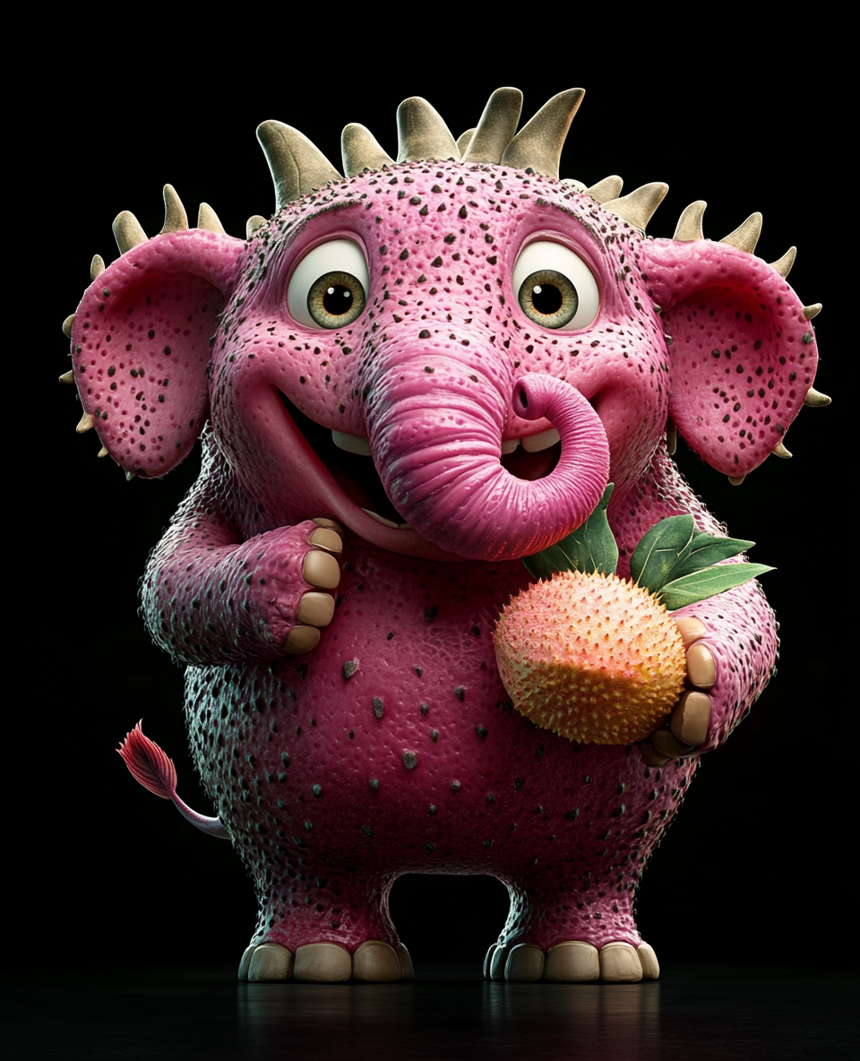 An Elephant holding dragon fruit on black background