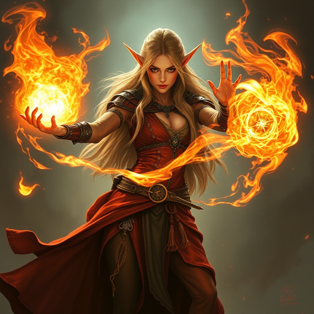 An Elven Sorceress Casting a Fiery Fireball