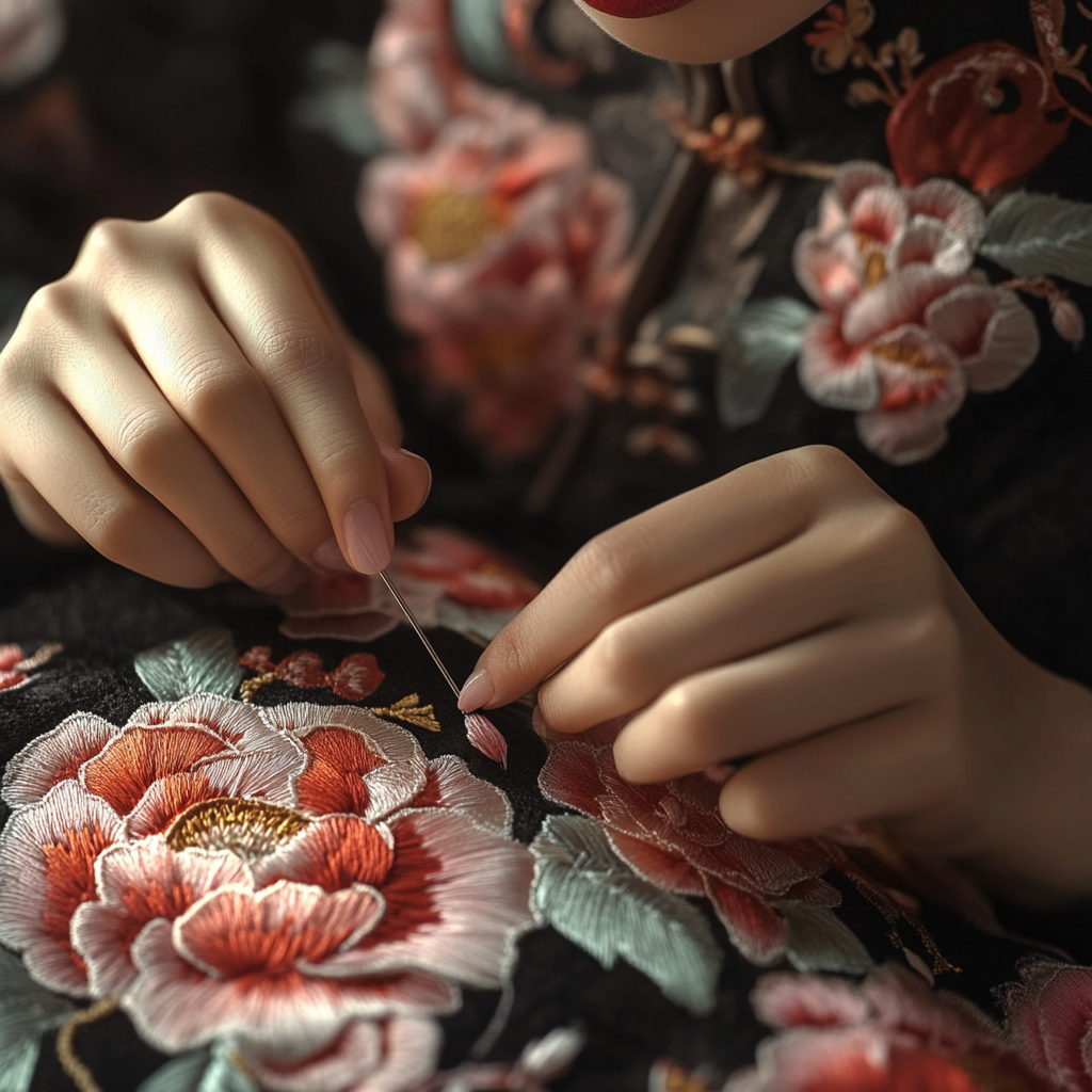 An Embroidery Craftsman Creating Beautiful Peony Patterns