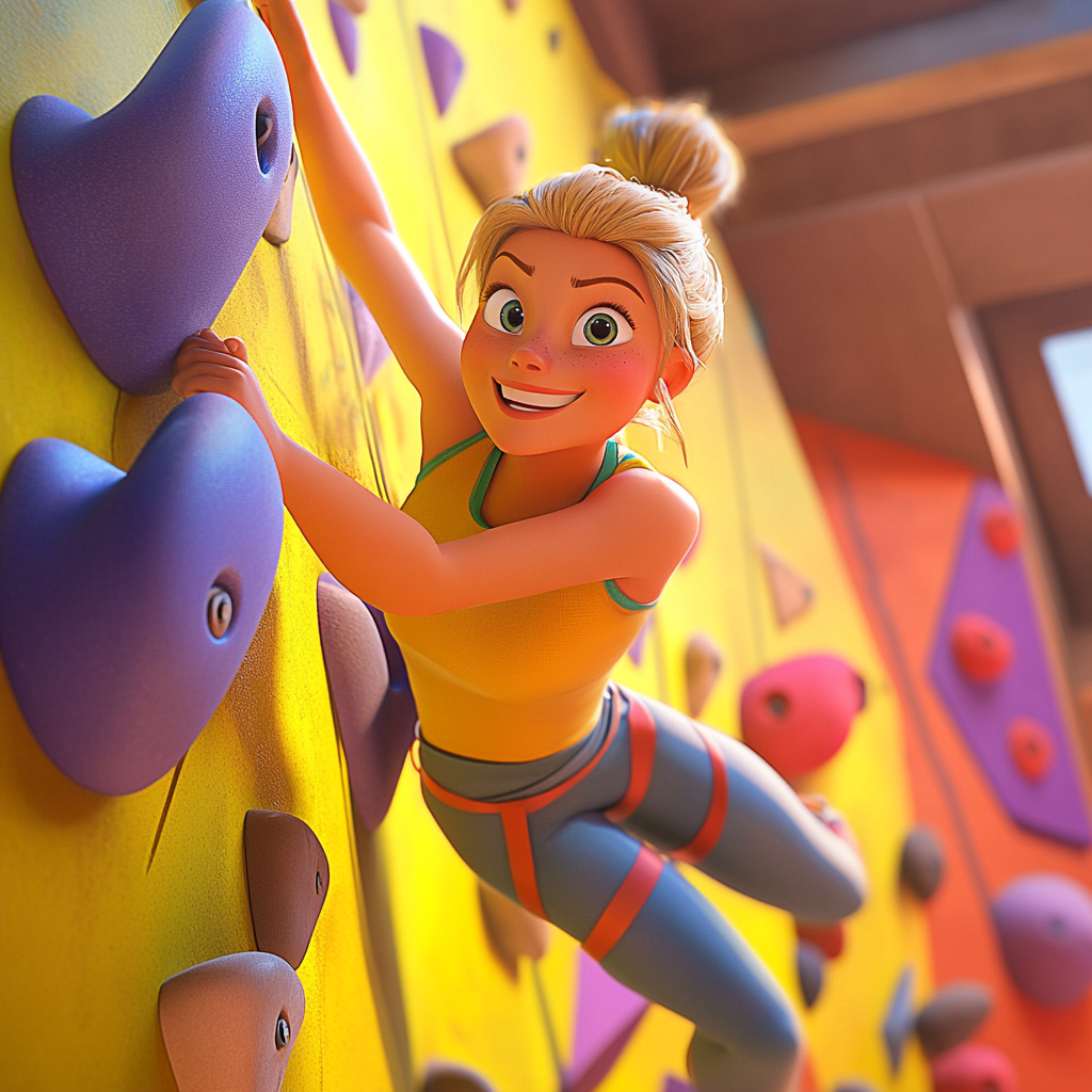 An Excited Woman Climbing a Gym Wall