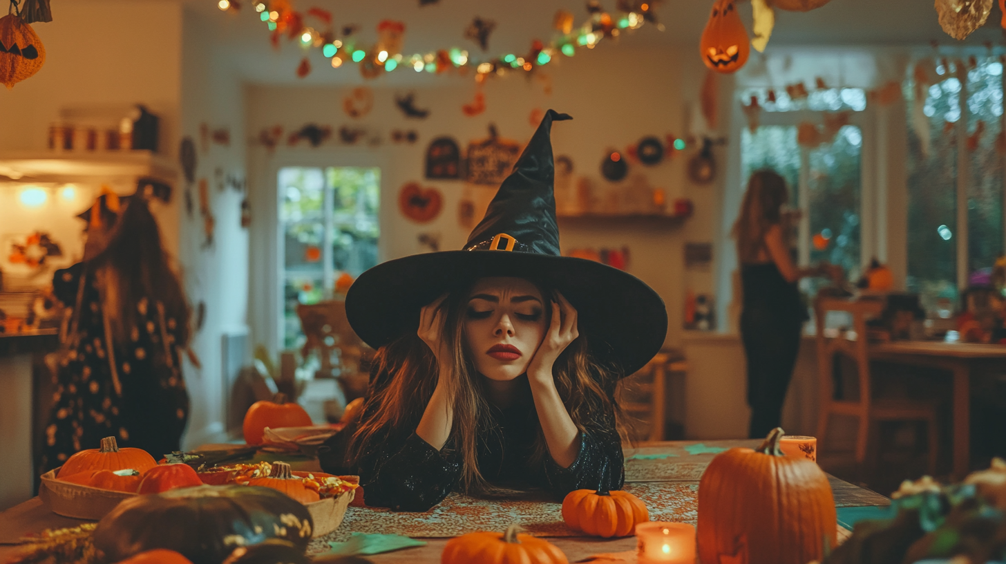 An Exhausted Witch at a Festive Halloween Party