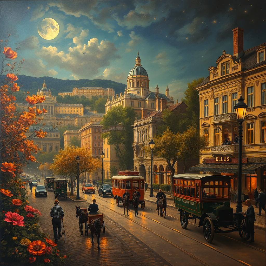 An Imaginative 1900s Budapest Oil Painting at Night