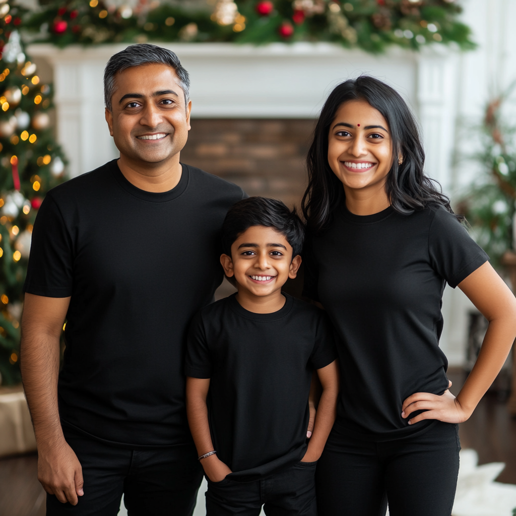 An Indian family posing together in Christmas scene.